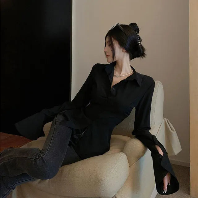 قميص مخصر أسود ردان عريض