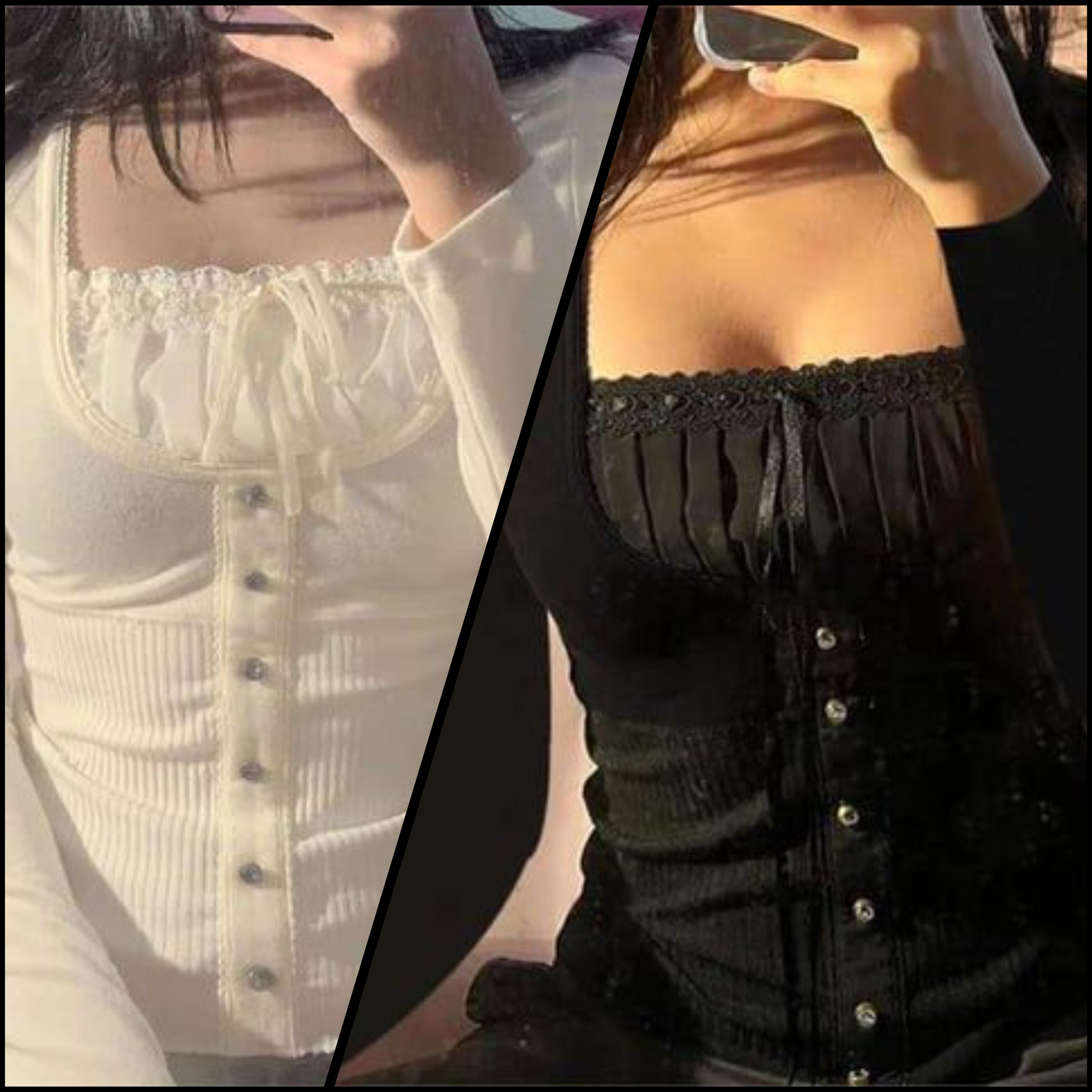 Two clothing items: a white off-shoulder top with buttons and a black off-shoulder top with buttons.