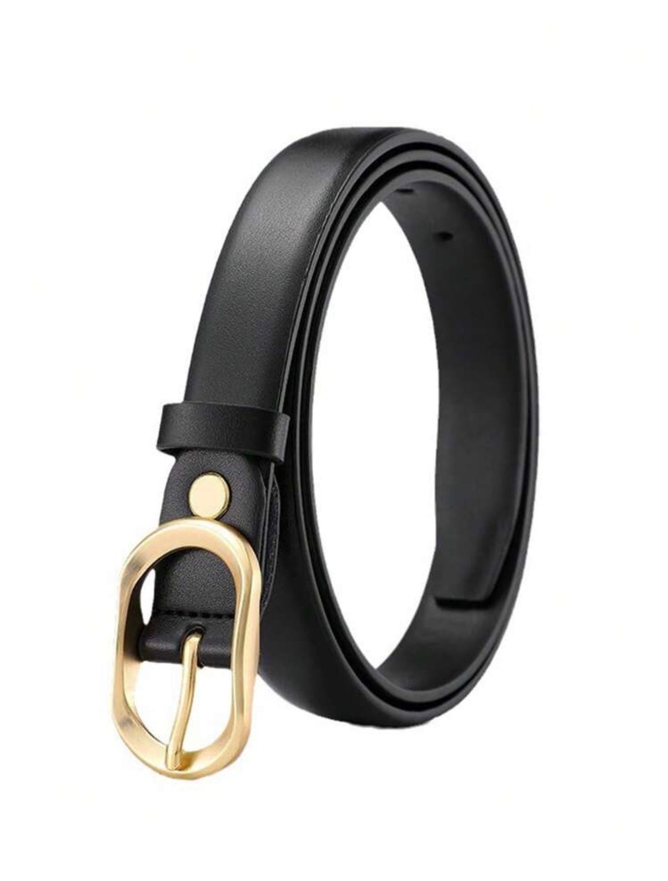 Black leather belt with a gold buckle on a white background