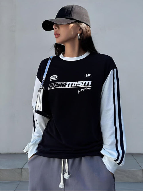 سويتشيرت أسود OPTIMISM بأكمام بيضاء Kyren Store