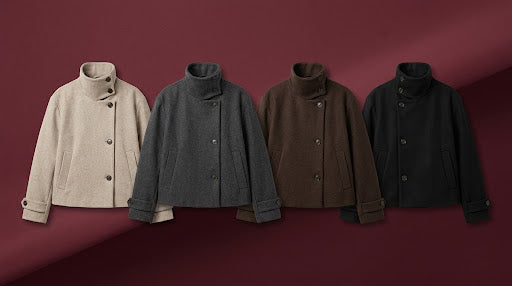 Four women's wool-blend coat jackets with high mock necks and asymmetrical button closures, shown in beige, charcoal gray, brown, and black against a dark burgundy background.